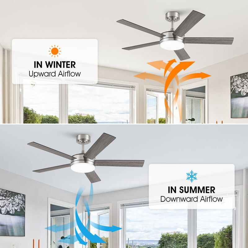 48" Modern Brushed Nickel Reversible 5-blade LED Ceiling Fan with Remote