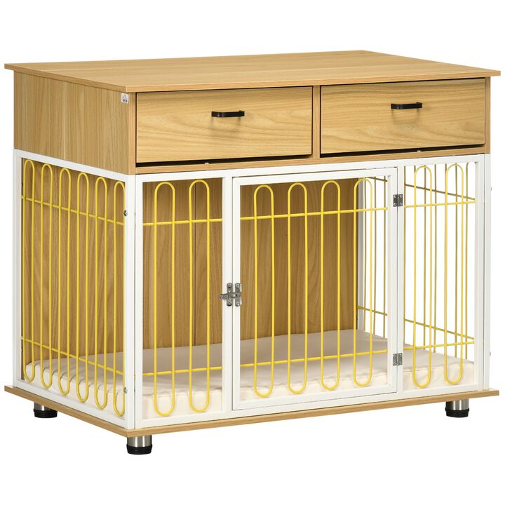 Oak Pet Furniture: Unique Dog Crate End Table with Drawers & Cushion