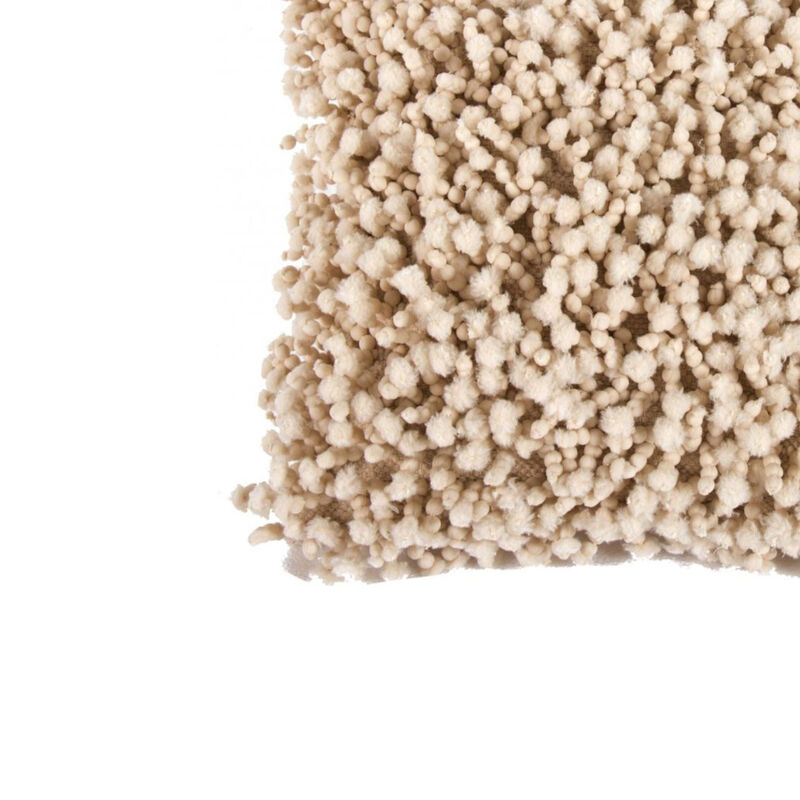 Fabric Accent Pillow with Shaggy Details, Cream - Benzara