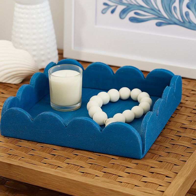 Rori Decorative Accessory Tray, Scalloped Edge 15 Inch Blue Raffia image number 1