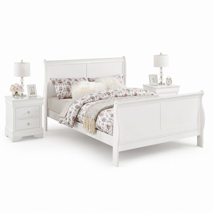 King Bedroom Set, White Wood, 3 Piece Set with 2 Nightstands