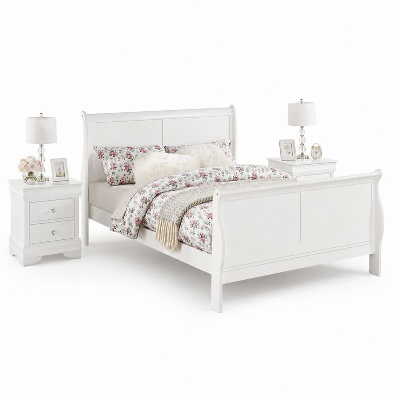 King Bedroom Set, White Wood, 3 Piece Set with 2 Nightstands image number 0