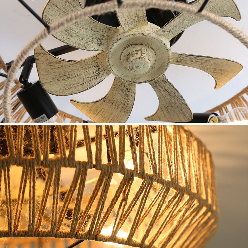 22 Inch Boho Caged Ceiling Fan With Enclosed Rattan 6 Speeds Remote Control Reversible DC Motor image number 5