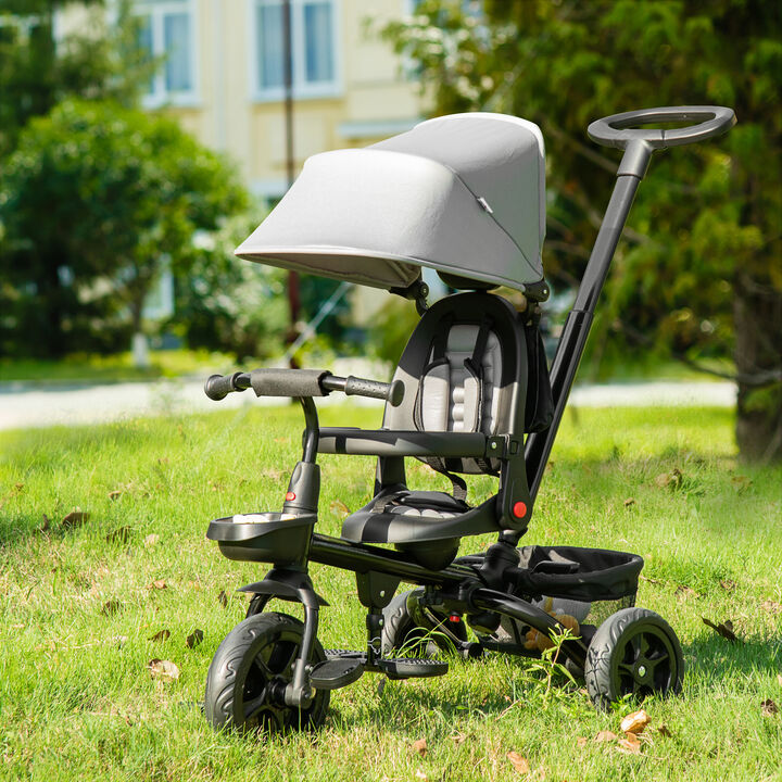 BreeBe Kids Tricycle, 4 in 1 Foldable Trike with Reversible Seat, Adjustable Parent Handle, Safety Harness, Wheel Brakes, Removable Canopy, Storage