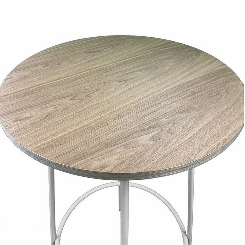 Neni 42 Inch Bar Table, Round Natural Brown Wood Top, Modern White Metal