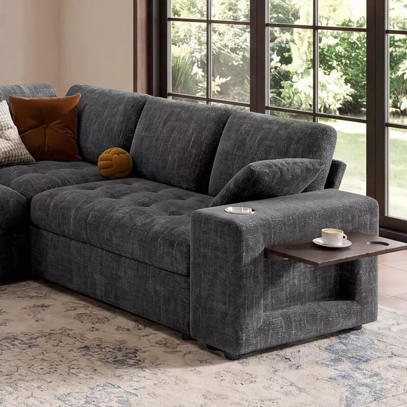 Vipbear 110" Modular Sectional Sleeper Sofa, 8-Seater Chenille U-Shaped Couch with Pull-Out Beds image number 4