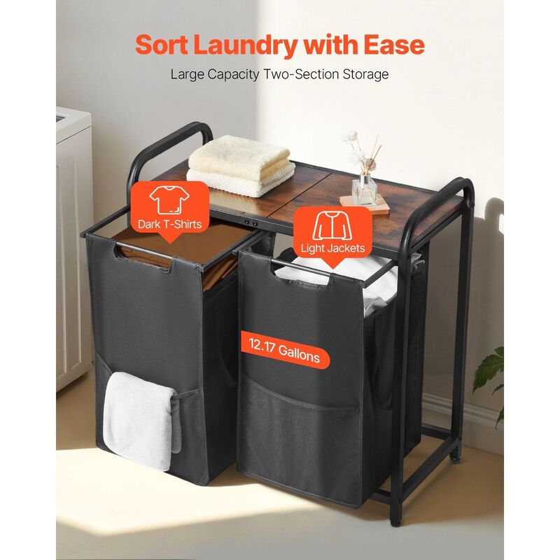 2 Compartment Laundry Sorter with Pull Out Oxford Bags, Freestanding Hamper with Shelf-Black image number 6