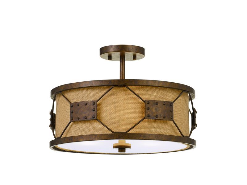 Metal Frame Drum Shade Pendant Fixture with Lattice Design, Rustic Bronze - Benzara
