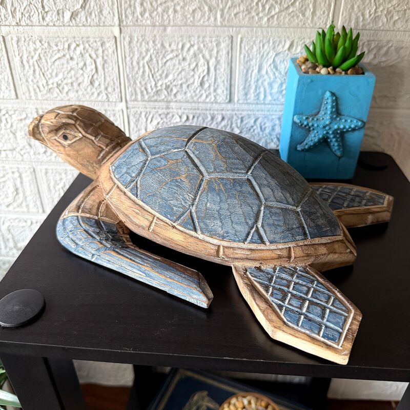 Sea Turtle Statue Hand Carved Wood Blue Coastal Decor 12in Tabletop Art image number 6