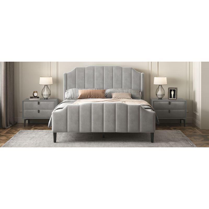 Queen Size Upholstered Platform Bed with Headboard and Footboard, No Box Spring Needed, Velvet Fabric, Gray