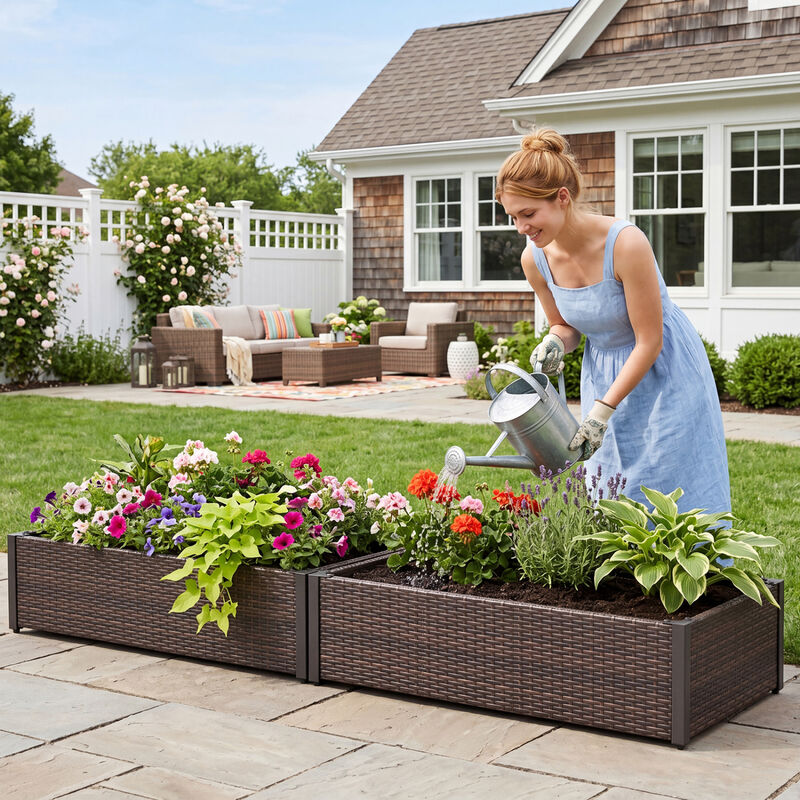PE Rattan Raised Garden Bed with Open-Ended Base for Outdoor Plants image number 7