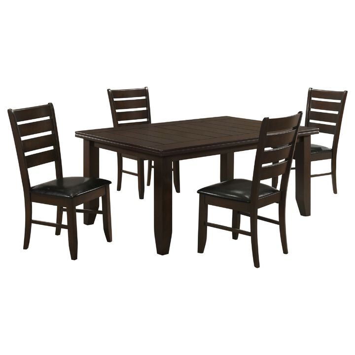 Diyi 5pc Dining Table and 4 Chairs Set w Ladder Back, Brown Faux Leather - Benzara