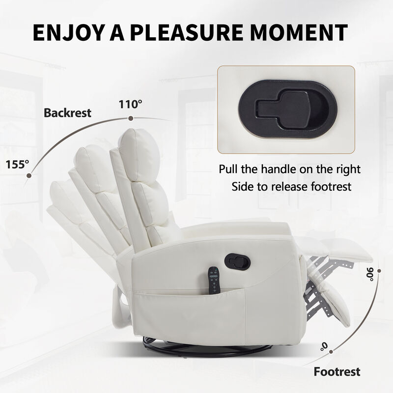 Heat Massage Manual Recliner Chair with Rocker and Swivel in Fabric for Living Room, White