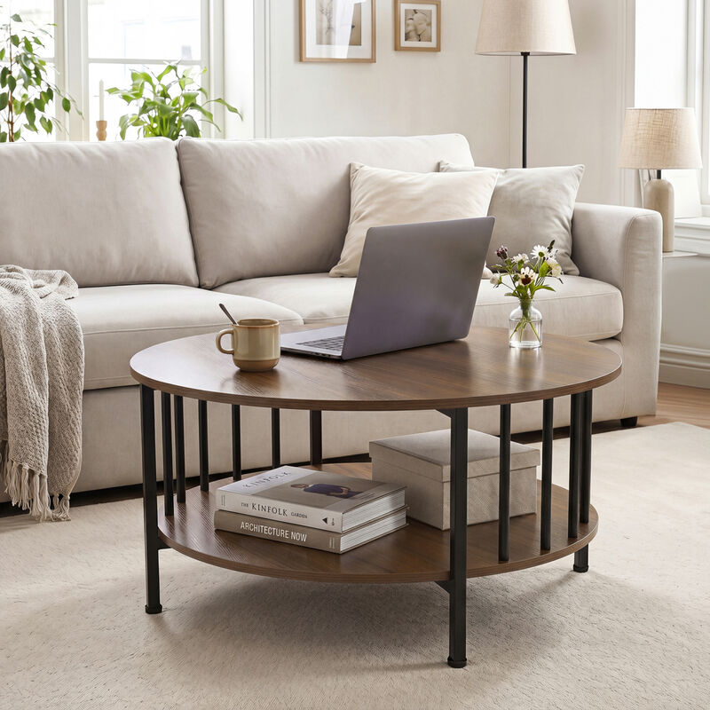 2 Tier Round Coffee Table with Open Storage Shelf and Metal Frame image number 4
