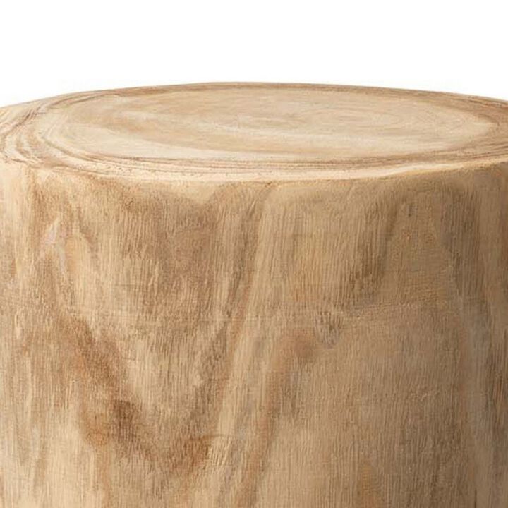 18 Inch Modern Side End Table, Round Surface, Paulownia Wood, Natural-Benzara