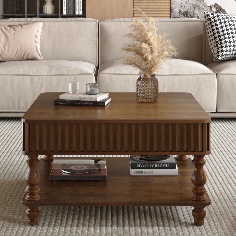 31.5 Inch Modern Square Lift-Top Coffee Table with Hidden Storage Tray, Fluted Wood Design, Wooden Living Room Center Table image number 1