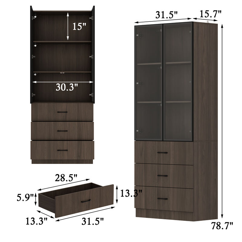 31.5&rdquo;W Display Cabinet Curio Cabinet with Light & Pop-up Glass Doors, Storage Cabinet Bookcase with 5-Tier Shelves & 3 Drawers for Living Room/Home Office, Dark Brown (31.5&rdquo;W x 15.7&rdquo;D x 78.7&rdquo;H)