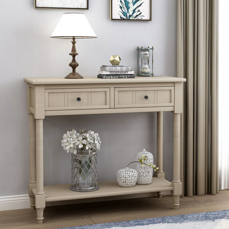 Whisen Rustic Console Table Traditional Design with Two Drawers and Bottom Shelf - Ivory White