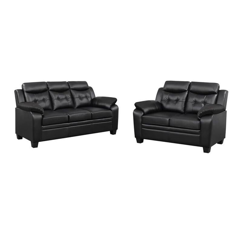 Finie 2 Piece Sofa and Loveseat Set, Black Faux Leather, Soft Foam