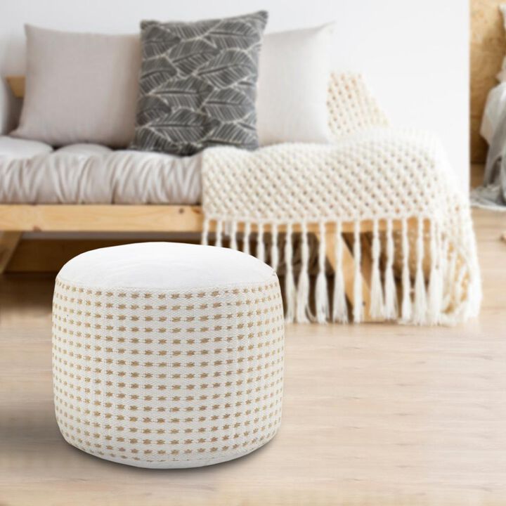 Hivvago 18 Inch White Jute Blend Round Geometric Pouf Ottoman