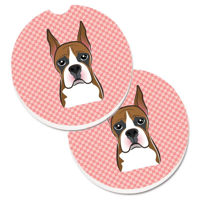Caroline's Treasures Checkerboard Pink Boxer Set of 2 Cup Holder Car Coasters BB1223CARC, 2.56, Multicolor
