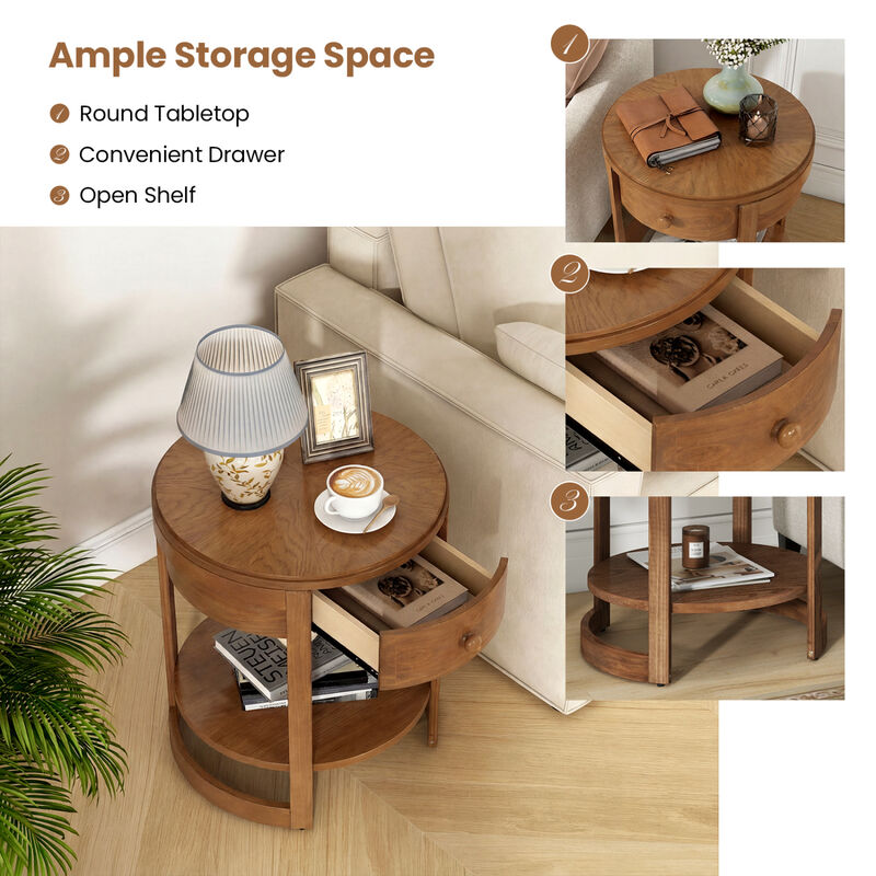 Mid Century Style 2-Tier Round End Table Compact Side Table with Open Storage Shelf-Oak image number 4