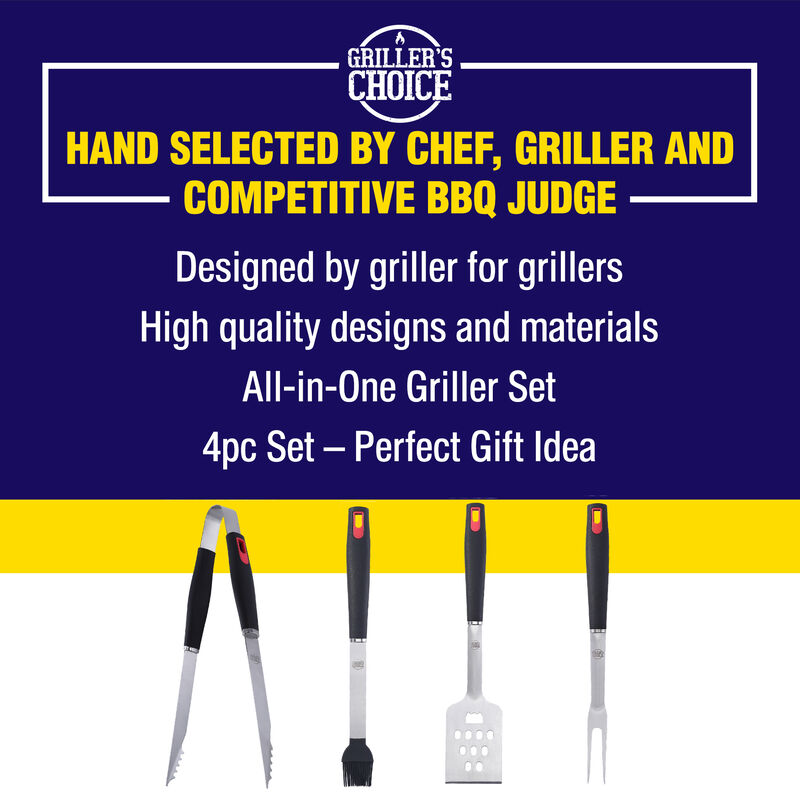Griller's Choice Grilling Tools. Heavy Duty And Strong. BBQ Thongs, Fork, Spatula, Baster.