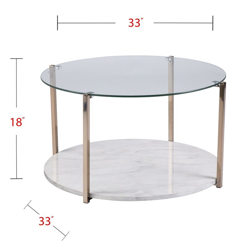 Homezia 33" Gold Glam Glass And Faux Marble Two Tier Round Coffee Table