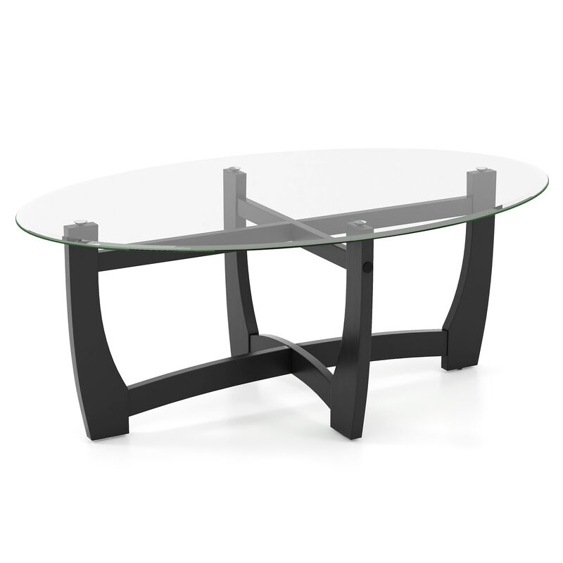 Oval Coffee Table with Tempered Glass Tabletop and Rubber Wood Legs