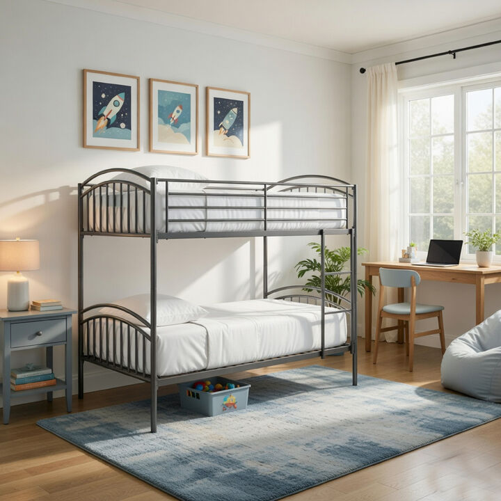 Fesa Twin over Twin Bunk Bed with Ladder, Gray Tubular Steel Frame