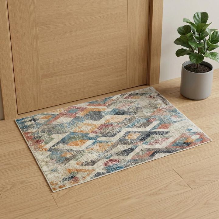 HomeRoots Geometric Distressed Area Rug With Fringe