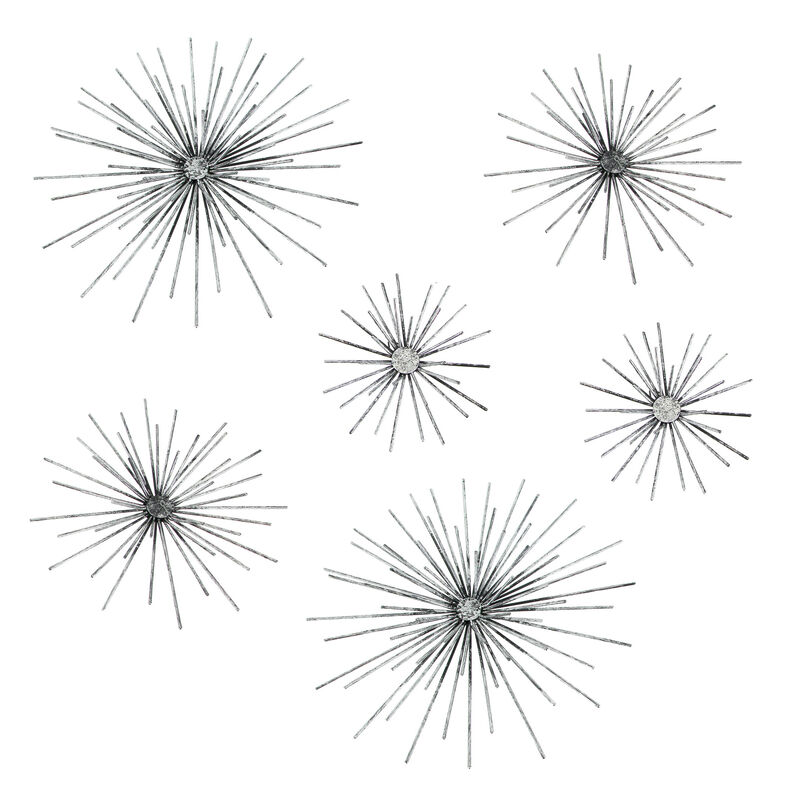 Aged Silver Finish Mid-Century Modern Atomic Star Burst Wall Sculptures Set of 6 image number 0