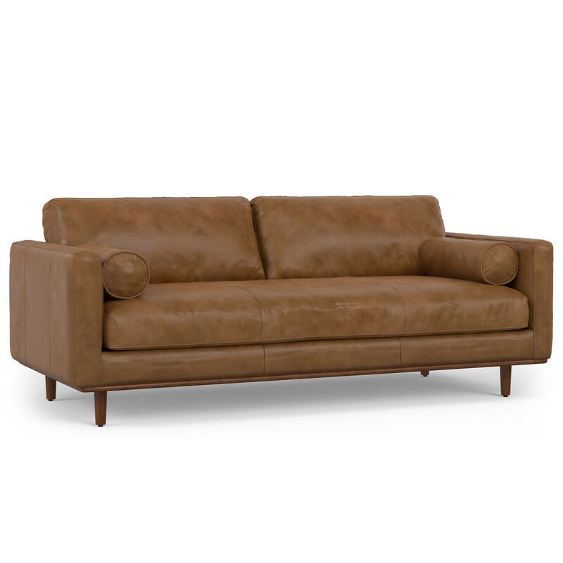 Morrison Mid-Century Modern 89 inch Wide Sofa with Ottoman Set in Caramel Brown Genuine Leather