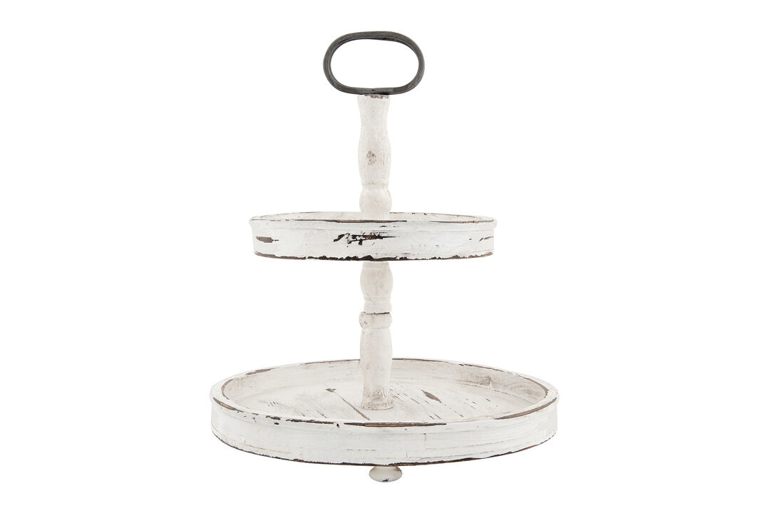 Distressed Cream Wood 2-Tier Tray with Metal Handle
