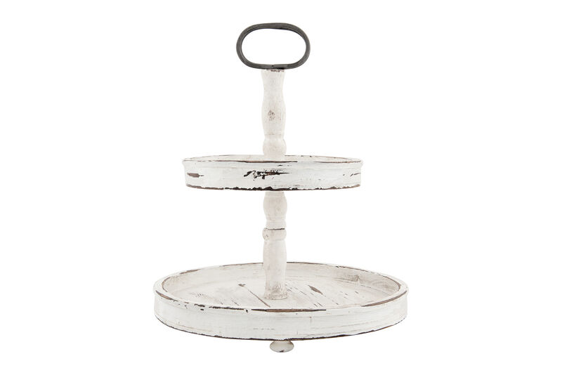 Distressed Cream Wood 2-Tier Tray with Metal Handle image number 0