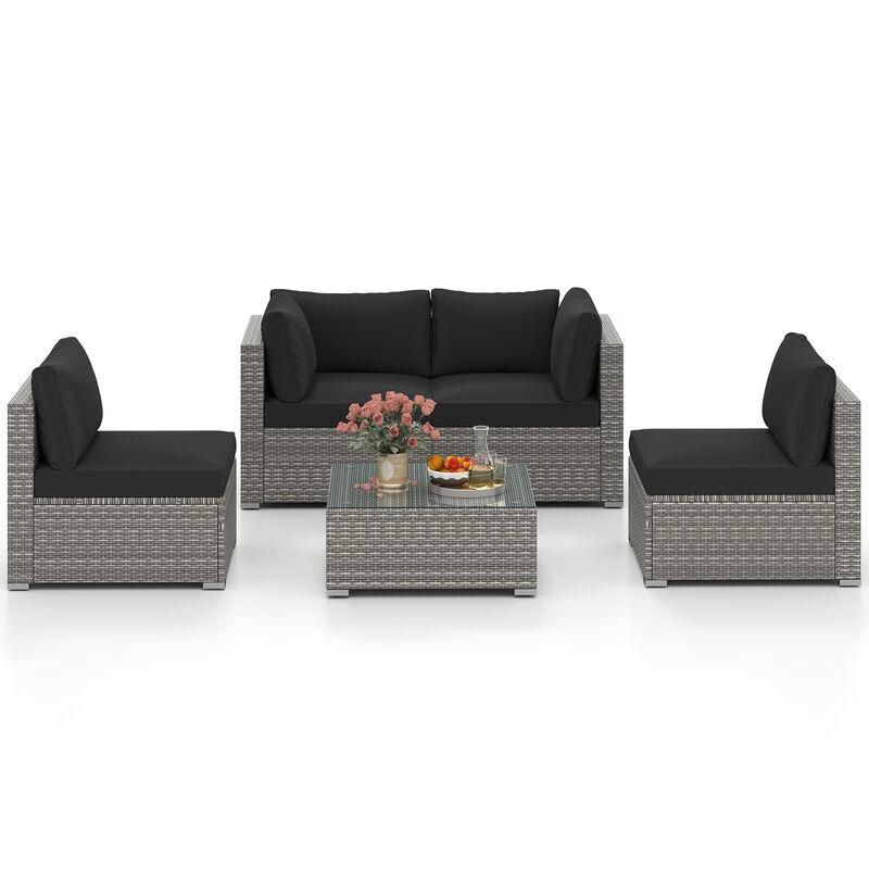 5-Piece Outdoor Patio Sectional Sofa Couch and Glass Coffee Table with Cushions
