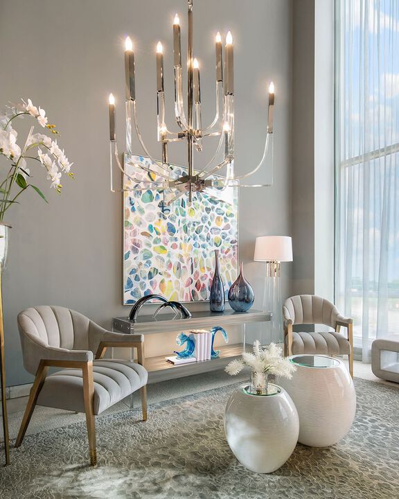 Acrylic And Nickel Ten-Light Chandelier