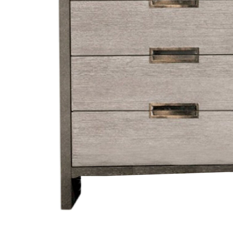 Rizvi Tall Dresser Chest with 5 Drawers, Bronze, Stone Gray Solid Wood - Benzara