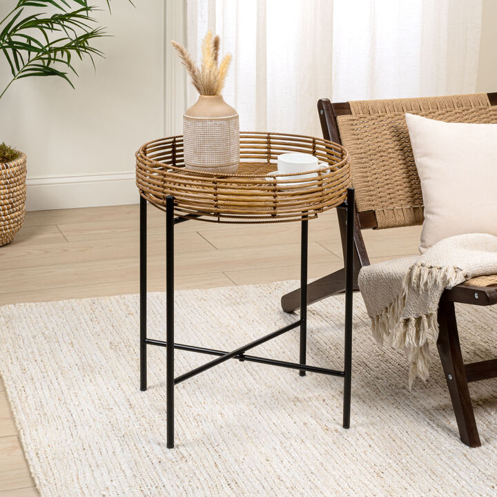 Malia Coastal Bohemian Faux Rattan Round Tray End Table with Metal Base