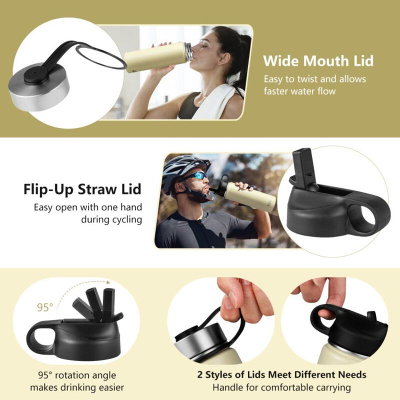 Costway22 Oz Double-walled Insulated Stainless Steel Water Bottle with 2 Lids and Straw