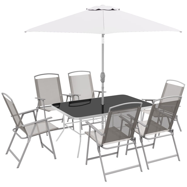 8pc Outdoor Patio Dining Set Furniture, 6 Folding Chairs, Table, Umbrella, Black