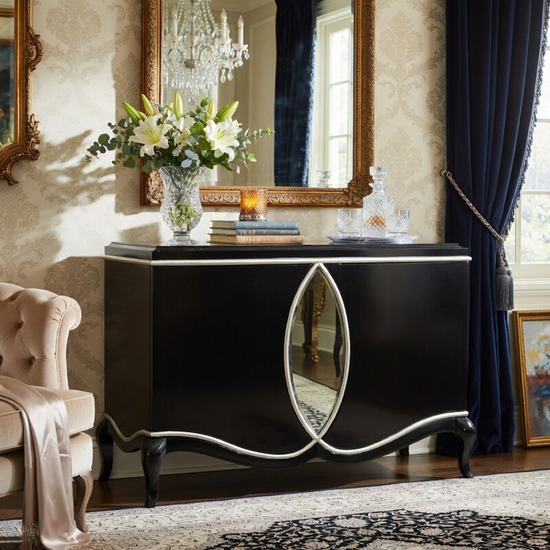 2 Door Cabinet Console, Mirror Trim Inlay, Scalloped Base, Black 50 Inch image number 8