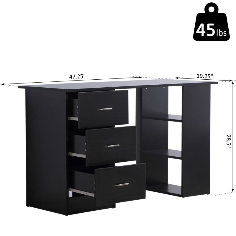 Modern Computer Workstation: Black 47" Desk, 3-Tier Shelves, Drawers