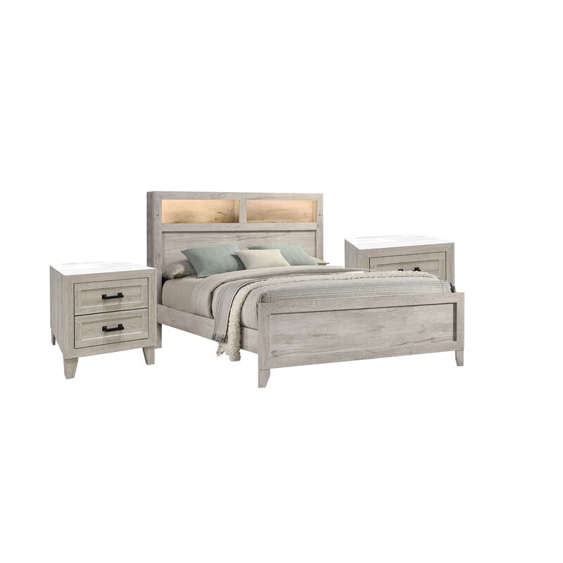 Queen Bedroom Set, White Wash, Black Wood, 3 Piece Set with 2 Nightstands image number 0