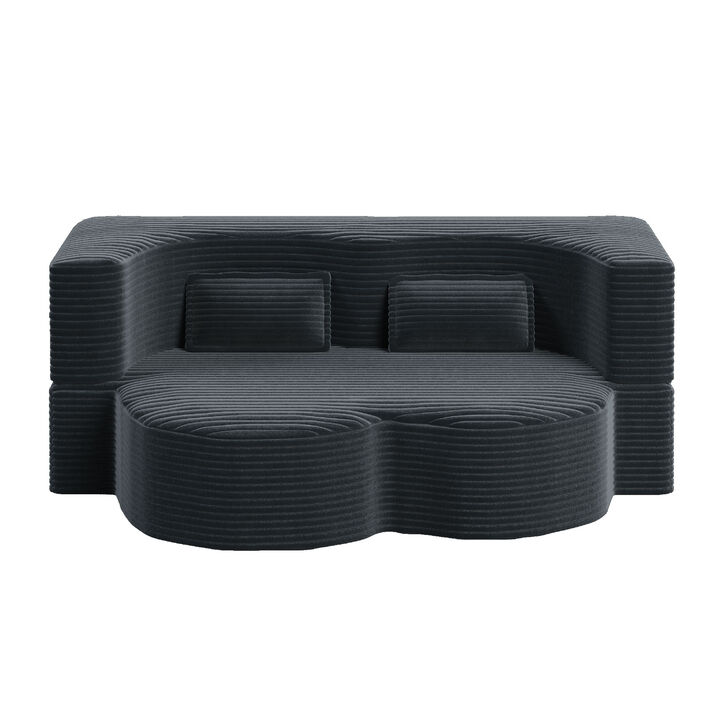 Modern Floor Sofa with 2 Pillows,Convertible Plush Corduroy Foam-Filled Sleeper Sofa
