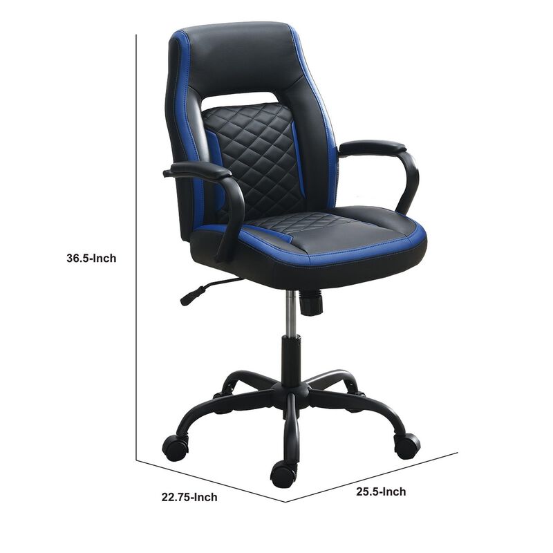 Ida 26 Inch Ergonomic Office Chair, Faux Leather Swivel Seat, Black, Blue-Benzara