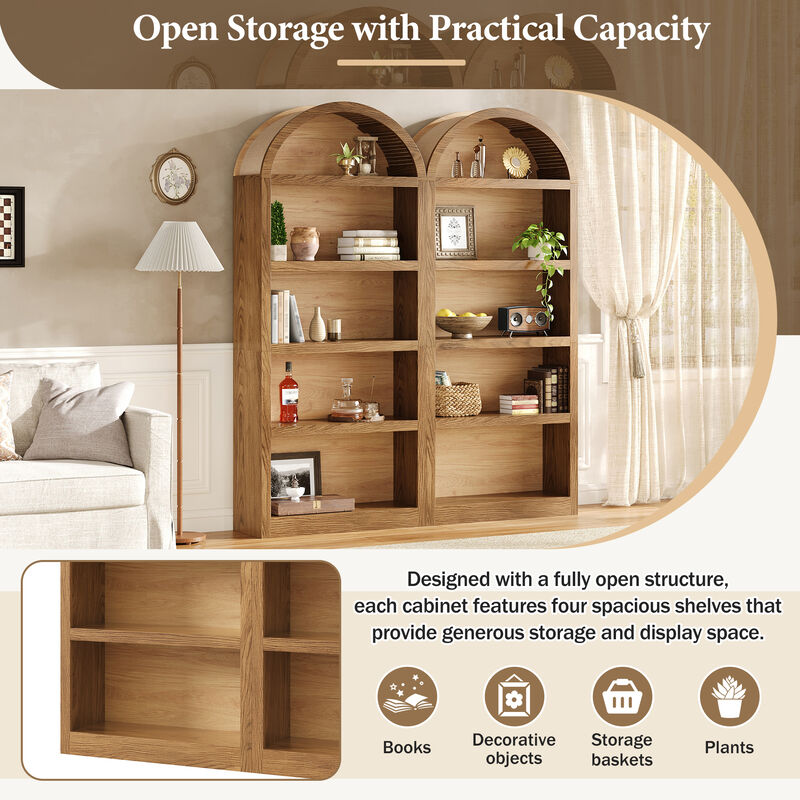 Merax Modern Open Display Cabinet Set with Arched Fabric Tops, Wood-Grain Back Panels image number 5