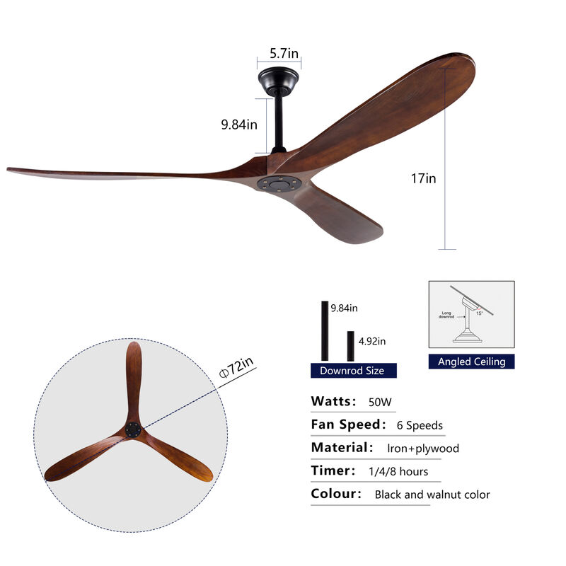 ELEMENT ACE 72-Inch Solid Wood Three-Blade Lightless Ceiling Fan with Remote Control, Ideal for Patios, Living Rooms, Bedrooms, Porches, Delivers Reliable All-Season Airflow for Home Spaces image number 2