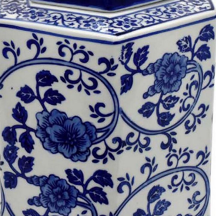 13 Inch Ceramic Ginger Jar with Lid, Intricate Floral Blue and White - Benzara