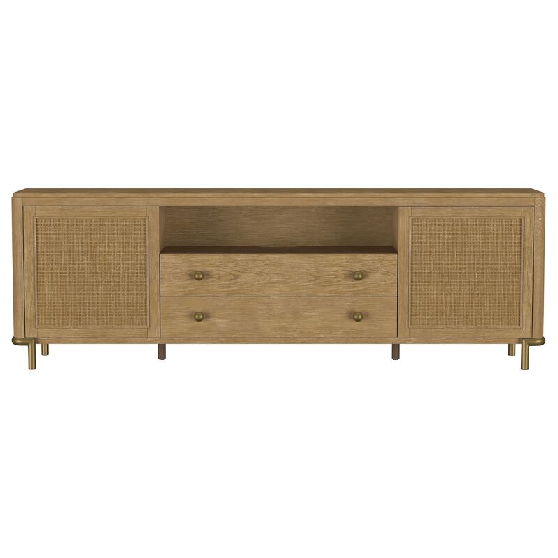 Fij TV Stand Media Console, Drawers, Rattan Cane Doors, Brown Wood 80 Inch image number 2